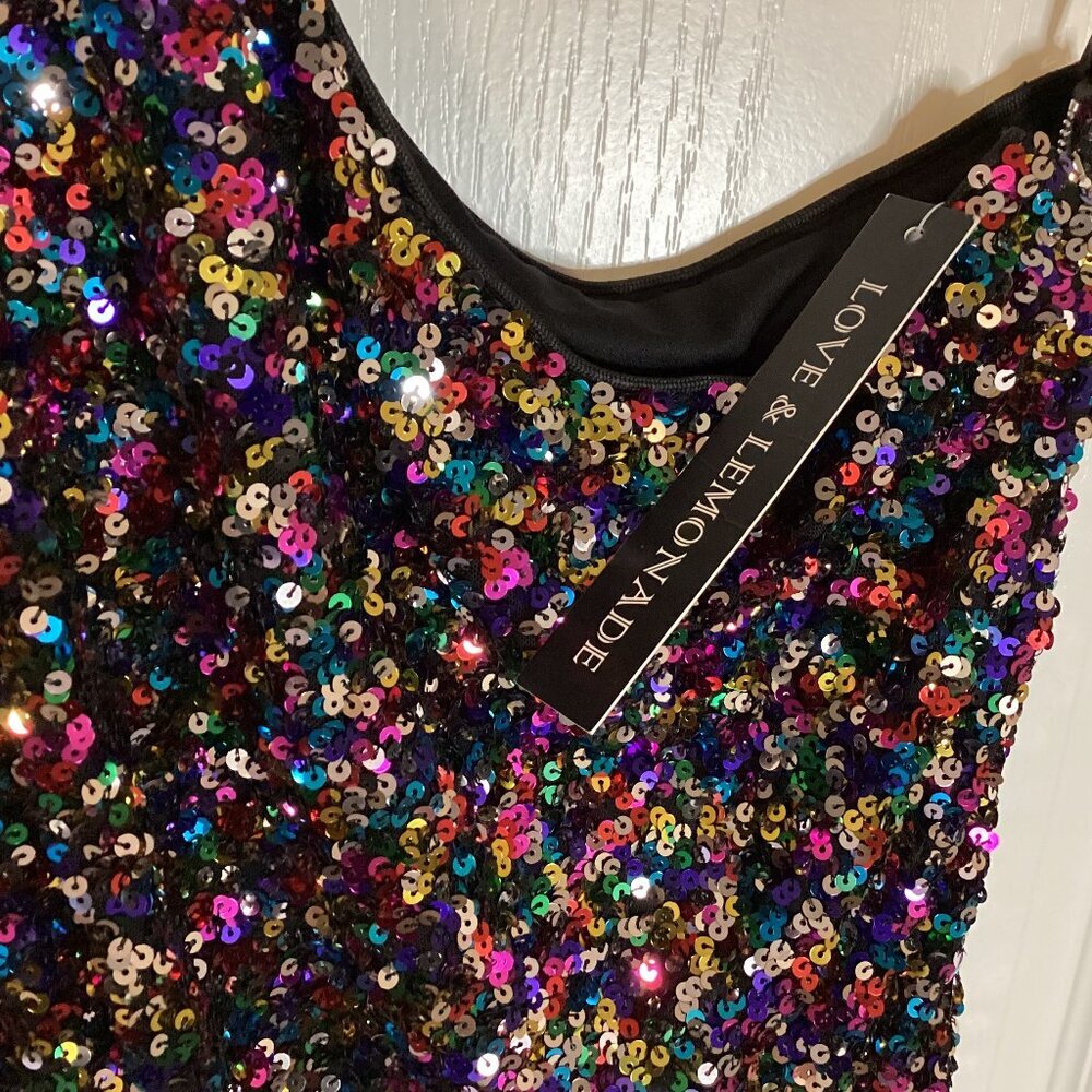 NWT LOVE & LEMONADE Women's One Shoulder Bodycon Sequin Dress Multicolored - Picture 5 of 8